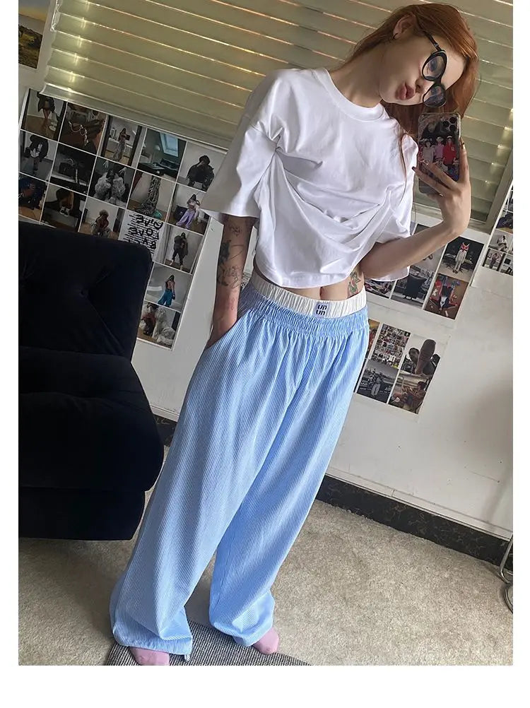 Aiertu  -  Blue Stripe Pants Women Y2k Fake Two Piece Wide Leg Sweatpants Baggy Kpop Sport Trousers Hip Hop Harajuku Summer Bottoms Aiertu