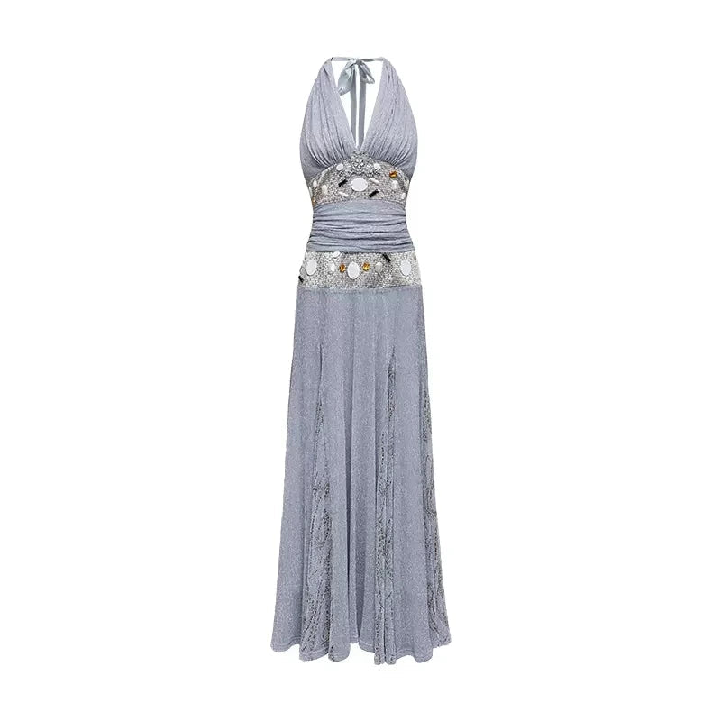 Aiertu  -  Sweet Hot Girl Retro Halter Strap V-neck Dress Women's Spring/summer Pure Sexy A-line Party Long Dress Fashion Female Clothes Aiertu