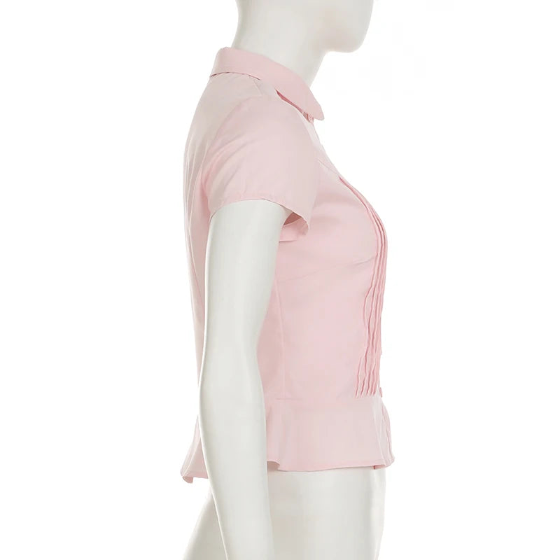 Aiertu  Turn-Down Collar Button-Up Corset Blouse Women's Casual Solid Tee Shirt Korean Short Sleeve Fashion Cute Top Aiertu