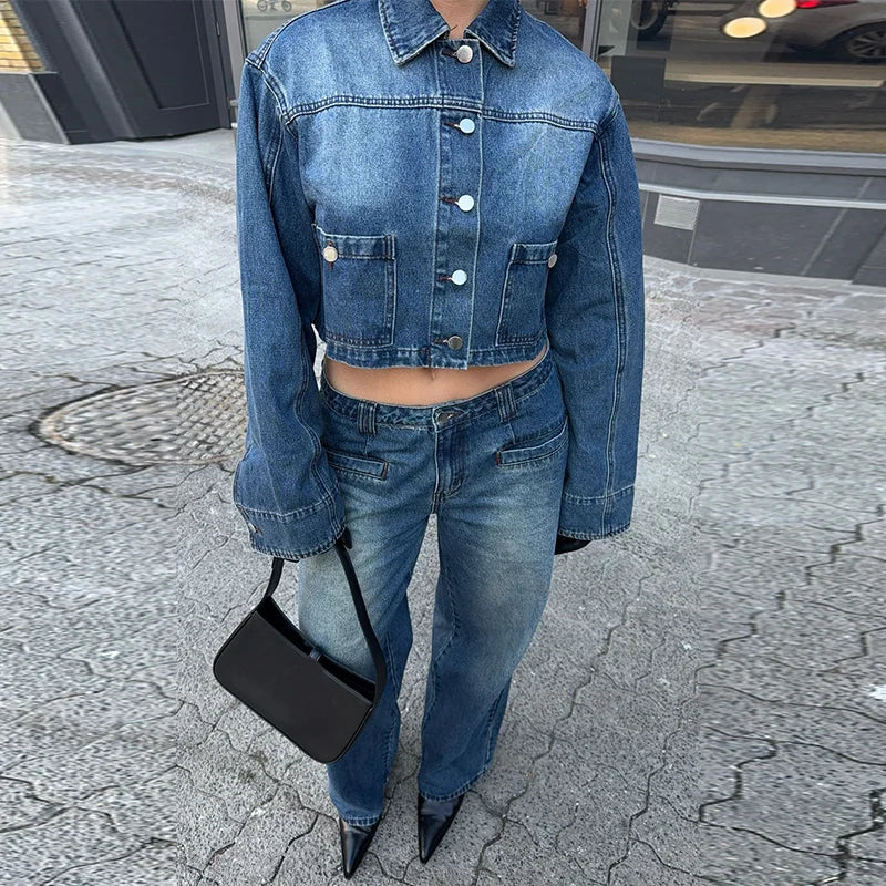 Aiertu  -  Lapel Single-breasted Woman's Denim 2 Piece Sets Vintage Soild Waistless Denim Short Tops Straight Baggy Low Rise Jeans Pants Aiertu