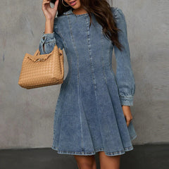 Aiertu  -  Women's Casual Long Sleeve Solid Color Mini Dress 2026 Elegant Pleated A-Line Dress Fashion O-neck High Waist Slim Denim Dresses Aiertu