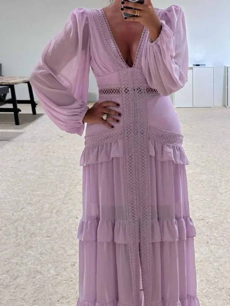 Aiertu  -  Autumn Winter Elegant Patchwork Dress Long Sleeve V-neck Ruffles Lace Maxi Dress Lady Party Holiday Streetwear Robes New Aiertu