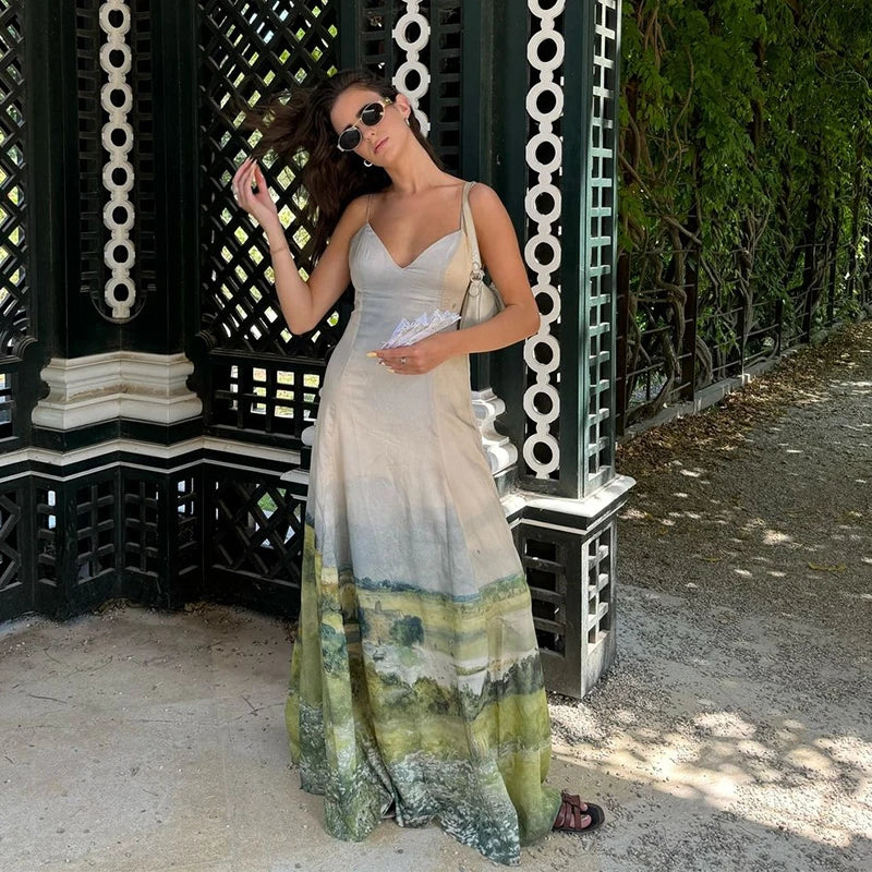Aiertu  -  Printed Halter Women Dress Ink Wash Style Satin V-Neck Bikini Suspender Slimming Waist Cinching Retro Beach Strap Long Dress Aiertu