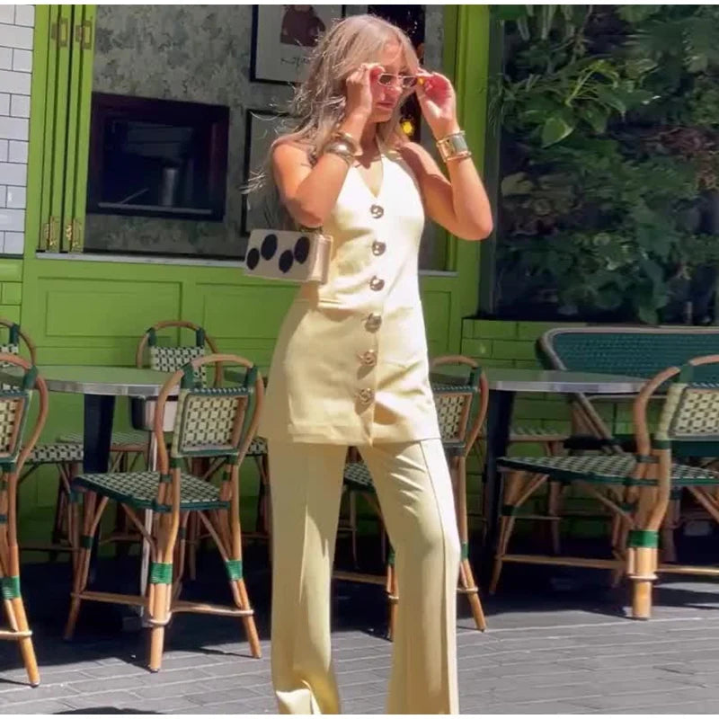 Aiertu  -  Fashion Blazer Suit Women Halter Sleeveless Backless Single Breasted Slim Tank Long Pant Female Set 2025 Spring Summer Lady Sets Aiertu