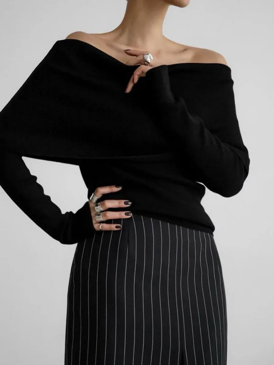 Aiertu  -  Women's Pullover Long Sleeved Knitted Base Shirt Autumn Winter Office Lady Sweater One Shoulder Sexy Slim Fit Off Shoulder Top Aiertu
