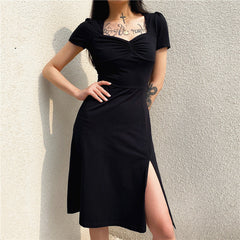 Aiertu - Square Neck Pleated Waist Slim Dress Aiertu