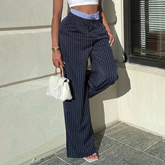 Aiertu  -  Contrast Hight Waist Patchwork Fashion Wide Leg Pants Striped Casual Loose Fit Straight Trousers Chic Y2K Streetwear Aiertu