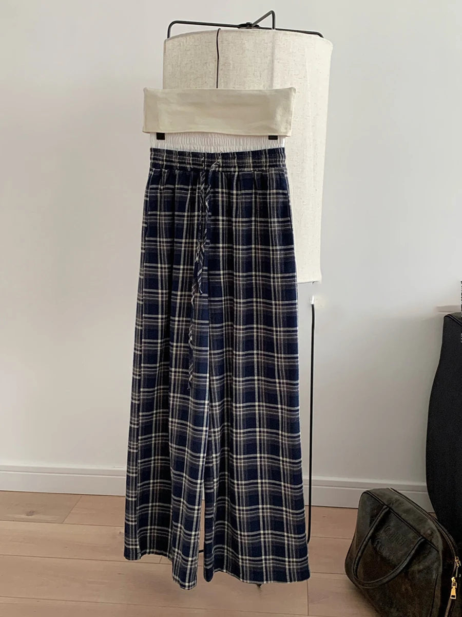 Aiertu  -  Vintage Plaid Wide Leg Pant Women Drawstring Patchwork High Waist Loose Trouser Spring New Fashion Simple Casual Pants 2025 Aiertu