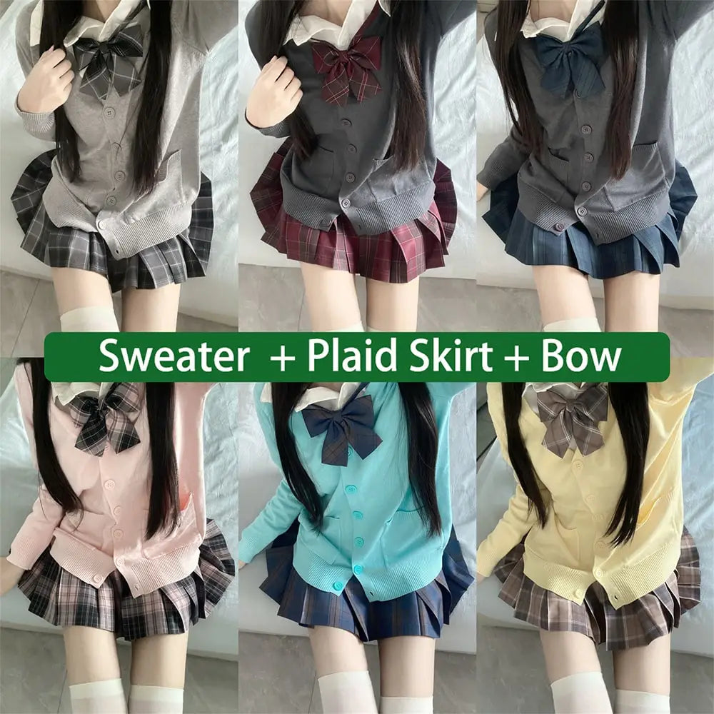 Aiertu 3Pc Set Japanese Korean School Uniforms Multicolor Sweater&Plaid Pleat Skirt with Bow Jk Uniform Suit Graduation Costumes Women Aiertu
