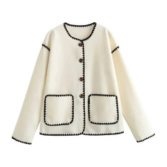 Aiertu  -  Women Fashion With Pockets Contrast Loose Woolen Jacket Coat Vintage Long Sleeve Button-up Female Outerwear Chic Tops Aiertu