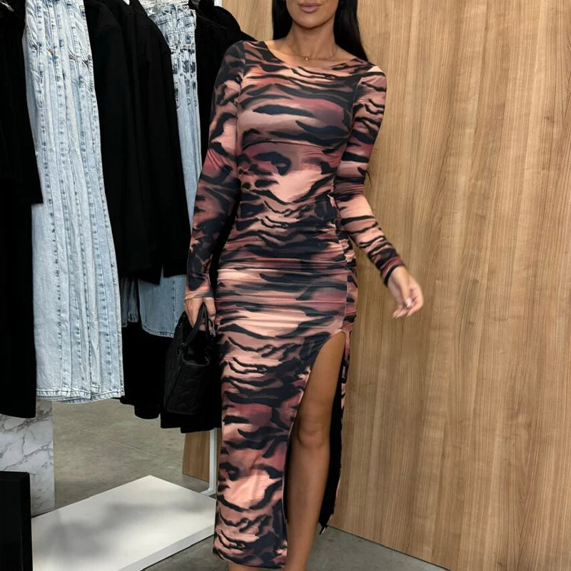 Aiertu  -  Causal Long Sleeve Commuter Long Dress Fashion Pattern Printed Irregular Maxi Dress Women Elegant O-neck Split Slim Party Dress Aiertu