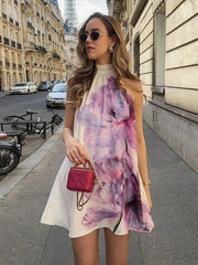 Aiertu  -  Printed Halter Short Dress Hanging Neck Satin Pleated High Neck Backless Fluffy Baggy Fashion Beach Dresses Women's Clothing Aiertu