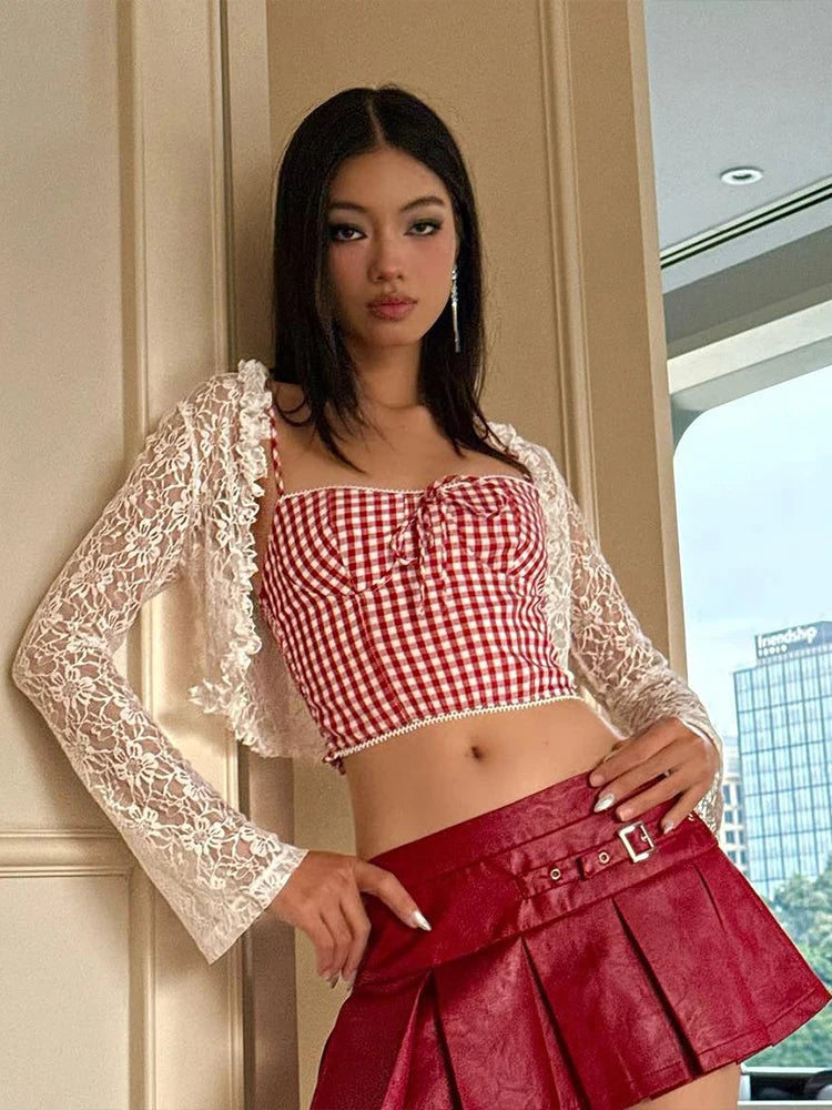 Aiertu  -  Hottie Plaid Print Camisole Irregular Edges Bow Midnight Street Sweet Versatile Skinny 2025 Summer Trend Daliy Mini Tops Aiertu