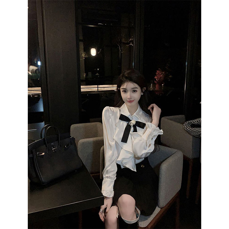 Aiertu White Bow Shirts Women Japanese Preppy Ruffles Long Sleeve Blouses Ladies Korean Fashion Elegant All Match Design Tops New Aiertu