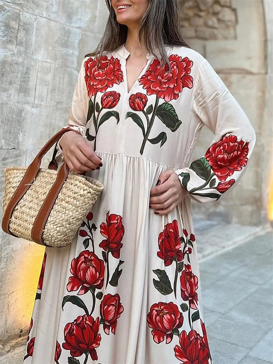 Aiertu  -  Women s Elegant Floral Print V-Neck Long Sleeve Maxi Dress with Flowy Silhouette for Casual Fall Style Aiertu
