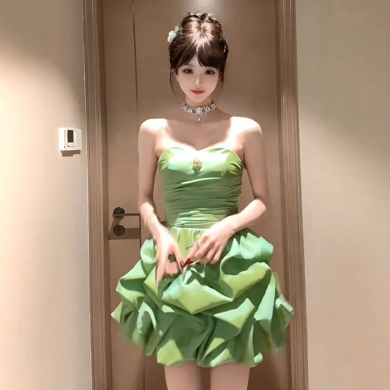 Aiertu  -   French Retro Green Mini Strapless Dress for Women Summer High-end Sweet Girl High Waist Slimming Birthday Party Evening Dress Aiertu