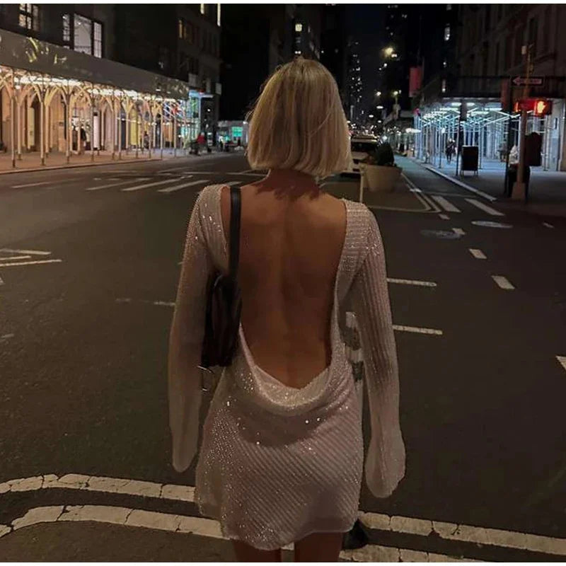 Aiertu  -  Elegant Backless Solid Sequins Mini Dress Women Sexy Long Sleeve O-neck Short Dress Lady Fashion New Evening Party Chic Vestidos Aiertu