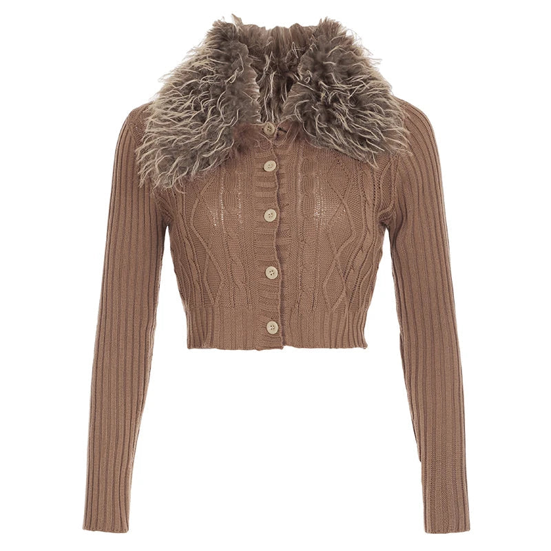 Aiertu  -  Y2K Brown Buttons Crop Sweater with Detachable Fur Collar Autumn Vintage 2000s Knitted Cardigan Slim Winter Outfits Aiertu