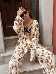Aiertu  -  Print Casual Pants Sets Women Autumn Button Long Sleeve Lace-up Blouse+High Waist Straight Trouser Fashion Holiday 2 Piece Set Aiertu