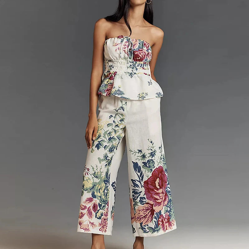 Aiertu  -  Women Sexy Strapless Top & Straight Pants Suit Summer Pattern Printed Backless Beach Set Fashion Backless Ruffle Holiday Outfit Aiertu