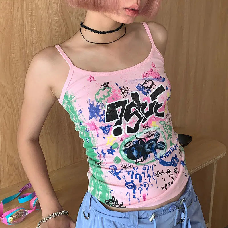 Aiertu  -  Summer Streetwear Grunge Cartoon Print Tanks Kawaii Cute Slim Sweet Y2k Aesthetic Tank Top Harajuku Women Camisole Trendy Aiertu