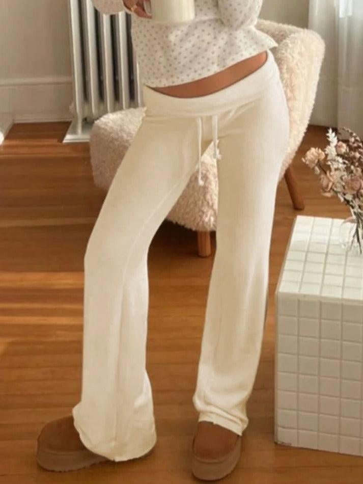 Aiertu  Solid Turned Waist Tie Up Flare Leg Pants Aiertu