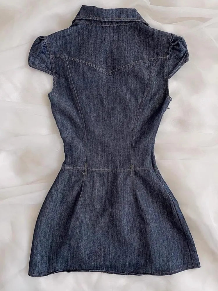 Aiertu  -  Spicy Girl Retro Denim Dress 2025 Summer Y2k Short Sleeve Button Streetwear Fashion Slim Fit Short Dresses Women's Mini Skirt Aiertu