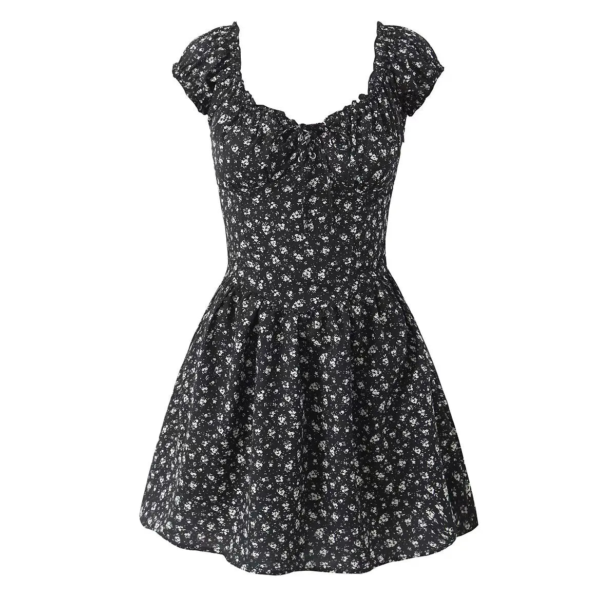 Aiertu  -  Holiday Summer Dresses 2025 Women French Style Floral Print Dress Vintage Short Sleeve V Neck A-line Mini Robe Sundress Aiertu