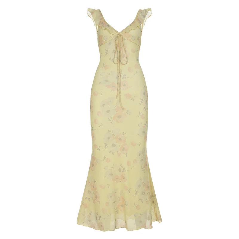 Aiertu  Holiday Ruffles Floral Trumpet Dress Slim Deep V-Neck Sleeveless Maxi Dresses For Women 2025 Summer Fashion Streetwear Aiertu