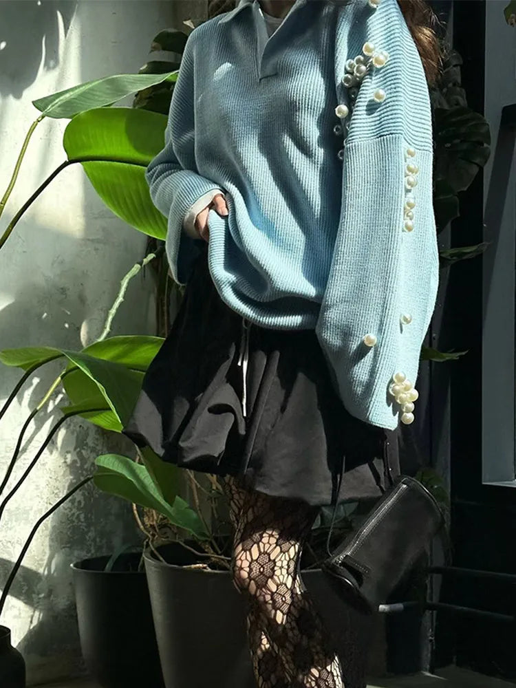 Aiertu  -  Chic Blue Pearls Decor Lapel V Neck Knitted Pullover Women Elegant Flare Long Sleeve Casual Sweater 2026 Lady New Loose Knitwear Aiertu