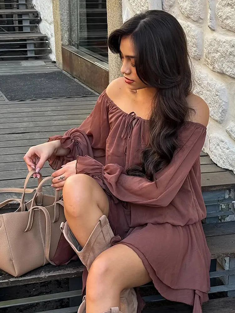 Aiertu  -  Chic Low Neck Lace Up Mini Dress Elegant Solid Flare Sleeve Pleated Off Shoulder Gown New Women Highstreet Holiday Dresses 2025 Aiertu