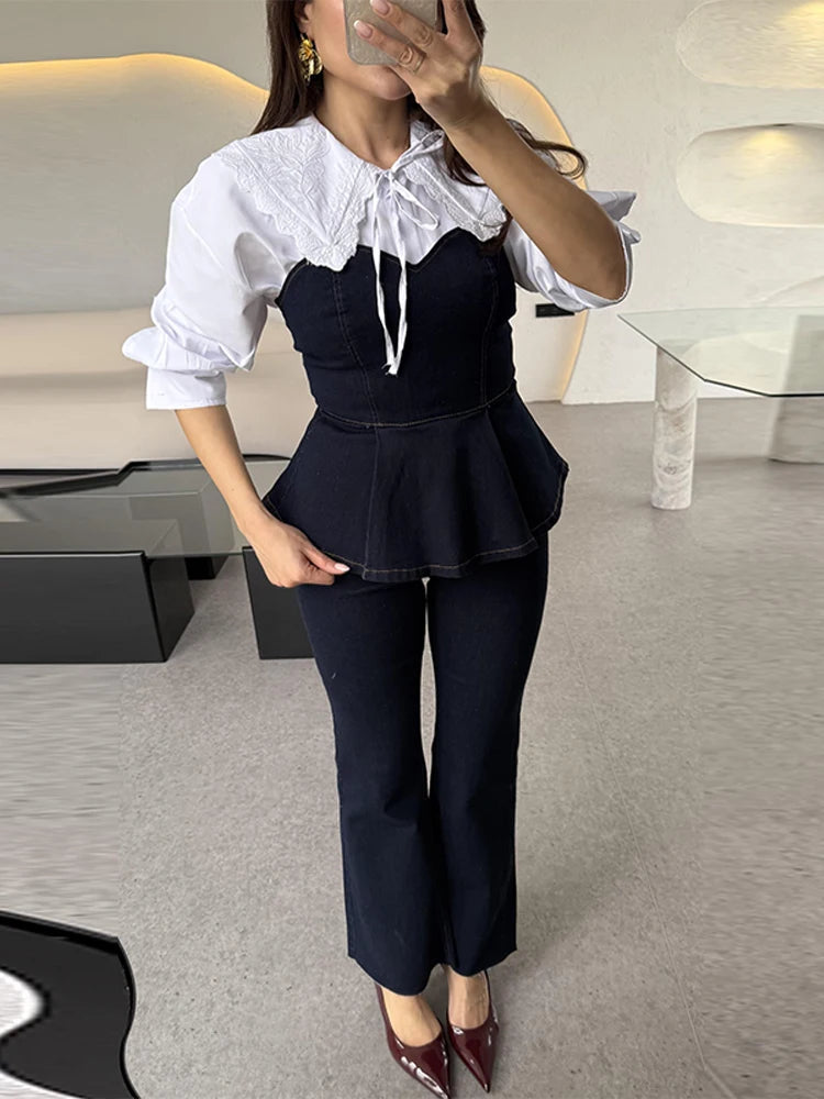 Aiertu  -  Fashion Denim Tank Jeans Set Women Strapless Sleeveless Ruffle Crop Tanks High Waist Flare Pants Female Sets 2025 Spring Summer Aiertu