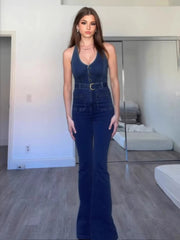 Aiertu  -  Halter Slim Denim Jumpsuits For Women Sleeveless High Waist Streetwear Backless Lady Fashion Sexy Plunge Rompers Outfits Aiertu