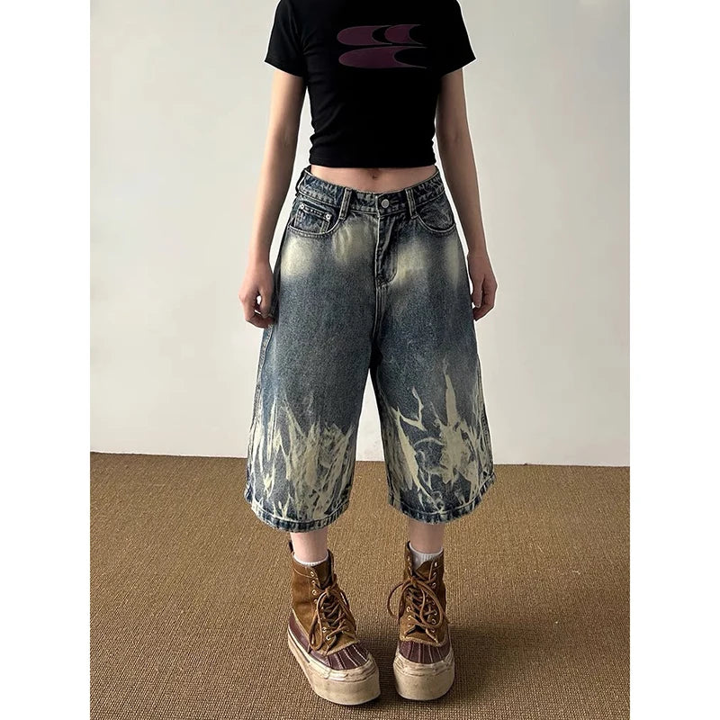 Aiertu  American Vintage High Waist Trashy Loose Jeans 2025 Summer Women's Casual Baggy Y2K Shorts Wide Leg Grunge Print Denim Shorts Aiertu