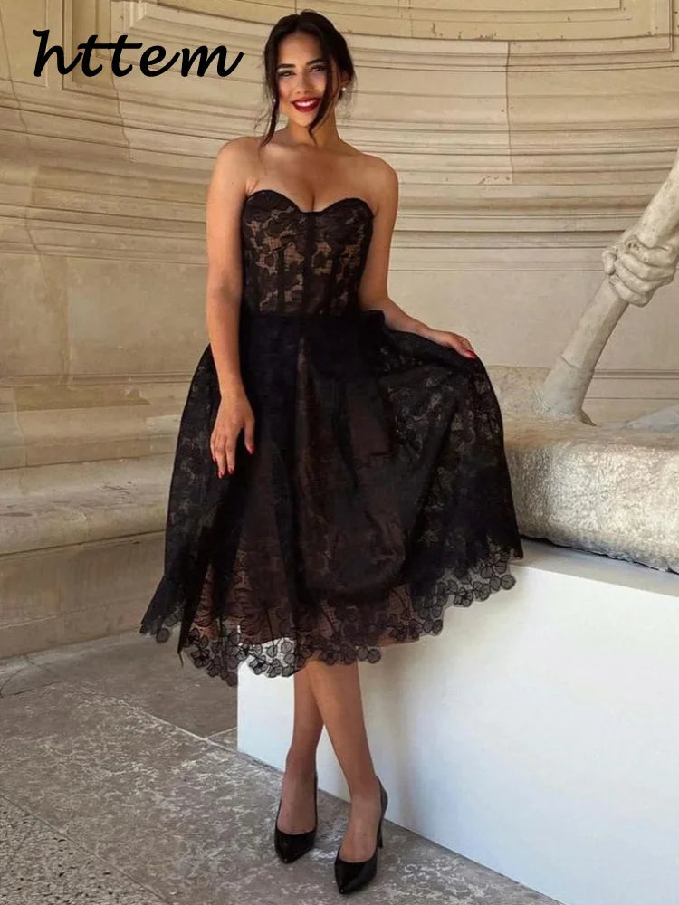Aiertu  -  Sexy Party Dress Women Strapless Hollow Out A-line Midi Evening Dresses Female Autumn Fashion Patchwork Panelled Lady Robes Aiertu