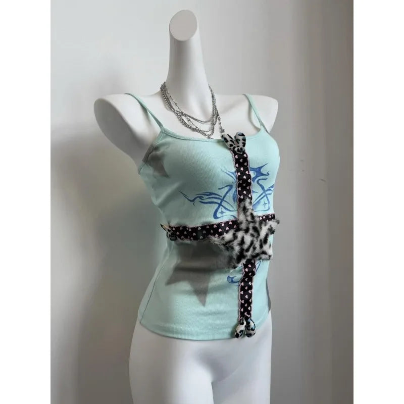 Aiertu  -  Kawaii American hot girl Mint green leopard cross star pattern love print suspender T-shirt for women summer sleeveless slim top Aiertu