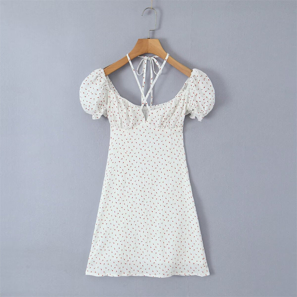 Aiertu Fashion Women's Fashion Spring New French Flower Bubble Sleeve Dress Pure Girl Tie Short Skirt Aiertu
