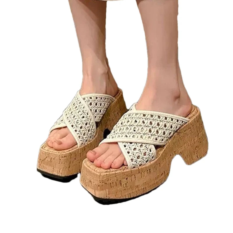 Aiertu  -  Mesh Women Slippers Platform High Heels Sandals Square Toe Shoes Summer Brand Beach Shoes Elegant Dress Pumps Mujer Slides Aiertu