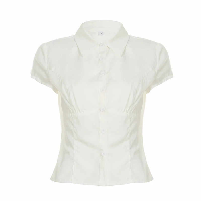 Aiertu  -  Casual Solid White Crop Blouses for Women Fashion Turn-down Neck Shirts Streetwear Korean Y2K Button Up Clothings Aiertu