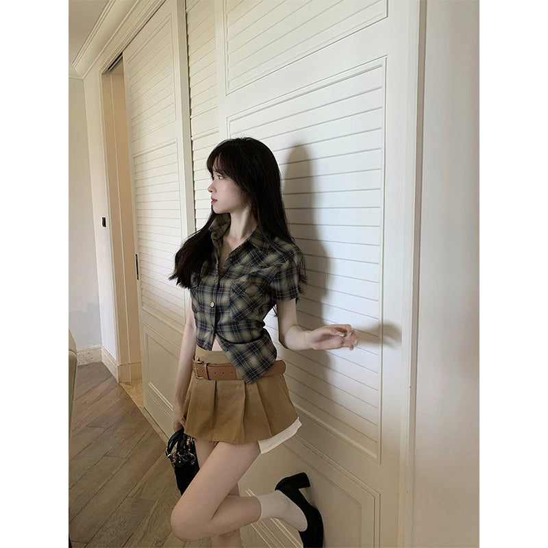 Aiertu Vintage Plaid Shirts Women Harajuku Cropped Pockets Blouses Summer Streetwear Korean Short Sleeve Slim Chic Design Tops Aiertu
