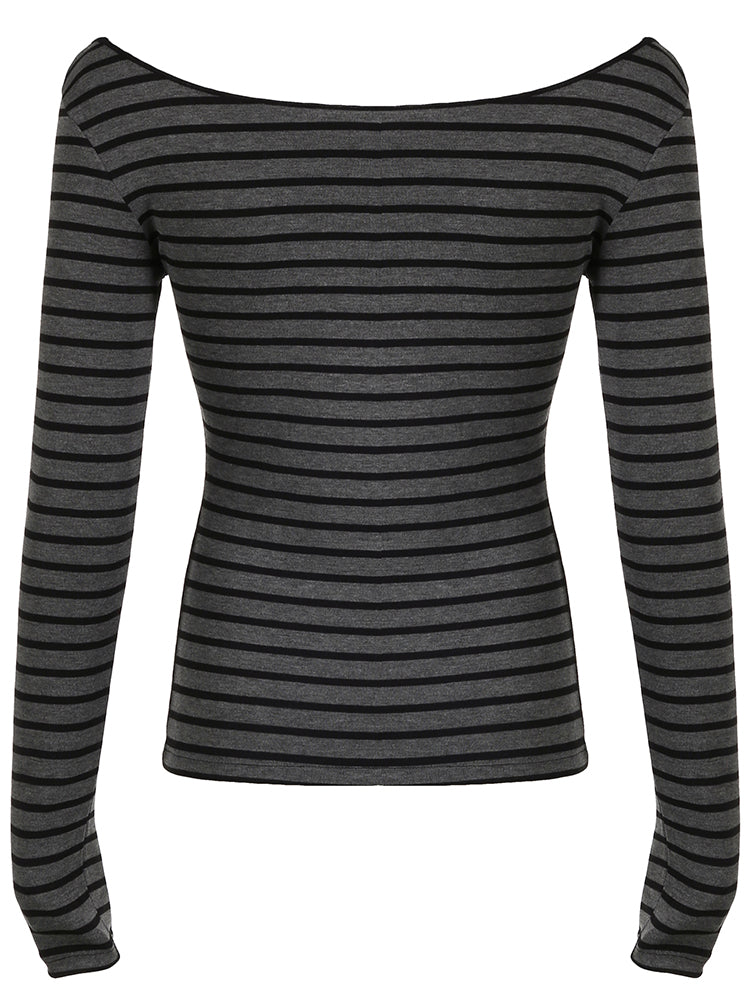 Aiertu - summer inspo Hot Japanese Basic Slim Long Sleeve Stripe Tee Off Shoulder O Neck Korean Street Style Spring Autumn Y2K Gray T Shirt Women Aiertu