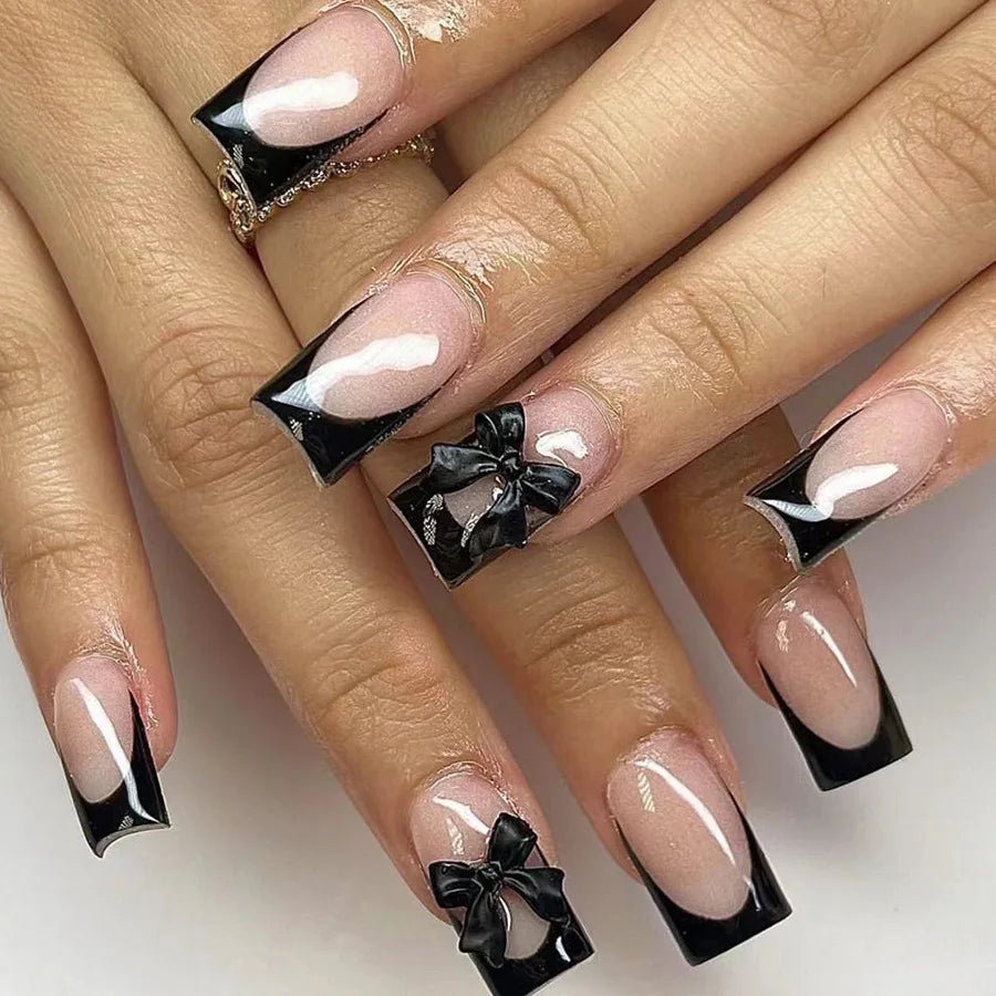 Aiertu Pink French Style Fake Nails 3D Bowknot Designs Short Square Press on Nails Sweet Korean Fashion False Nails for Women and Girls Aiertu