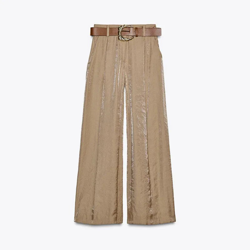 Aiertu  -  Women's Straight Pants Solid High Waist Belt Pockets Wide Leg Long Trousers Female 2025 Spring Lady Vintage High Street Wears Aiertu