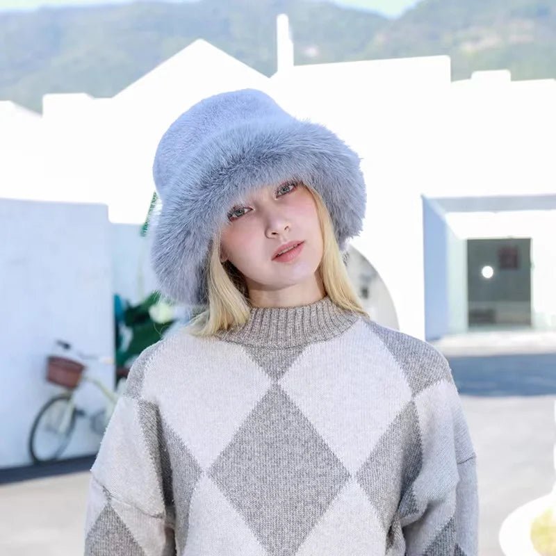 Aiertu  -  Autumn Winter Women Keep Warm Rainbow Faux Fox Fur Basin Cap Female Fashion Casual Party Bucket hat Music Festival Thickened Hat Aiertu