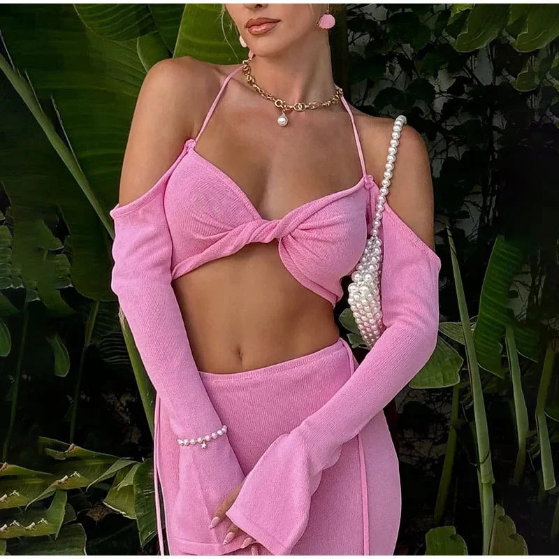 Aiertu  -  Sexy Off Shoulder Sling Bikini Long Skirts Set Woman Casual Slim Solid Lace Up Tube Tops Slit Skirt Sets Female Beach Party Suit Aiertu