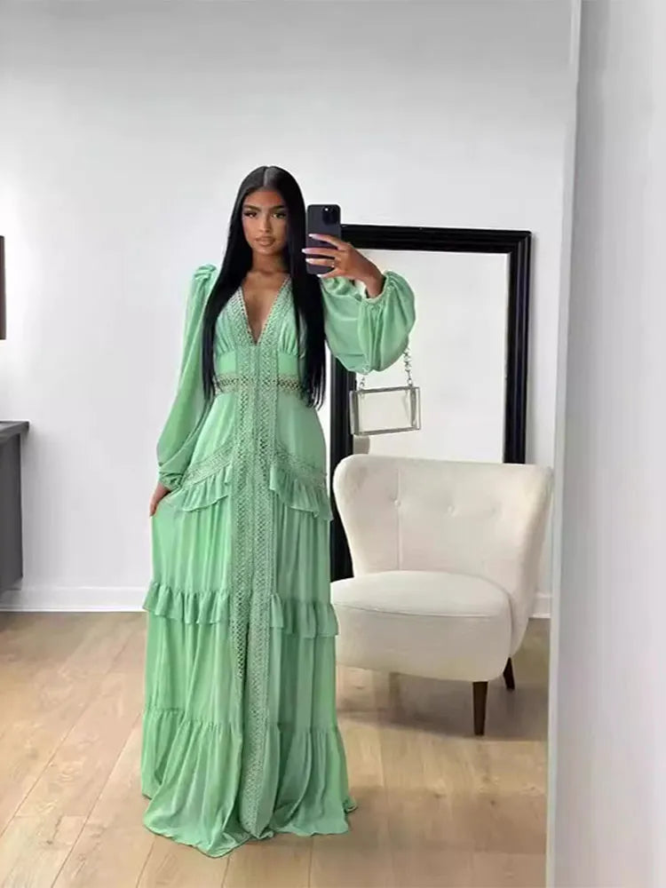 Aiertu  -  Autumn Winter Elegant Patchwork Dress Long Sleeve V-neck Ruffles Lace Maxi Dress Lady Party Holiday Streetwear Robes New Aiertu