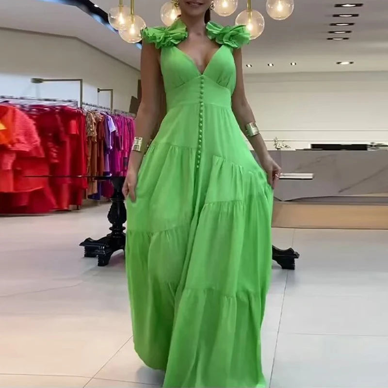 Aiertu  -  Elegant Deep V-neck Sleeveless Evening Dress Women Fashion Pleated Hight Waist Long Dress Sexy Backless Solid Slim Party Dresses Aiertu