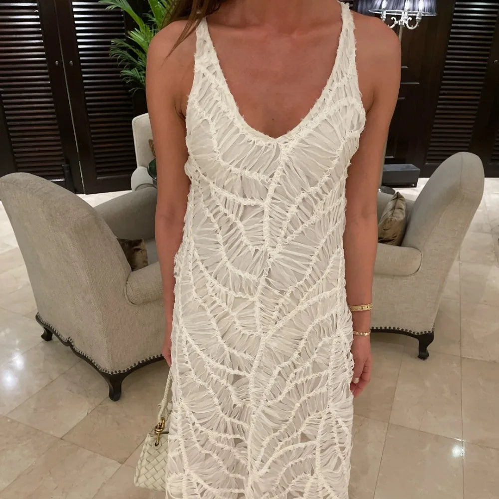 Aiertu  -  Luxury Sleeveless Long Strap Dress Women Summer V Neck 3D Crochet Flower Maxi Sundress Female Woman Clothes 2025 Aiertu