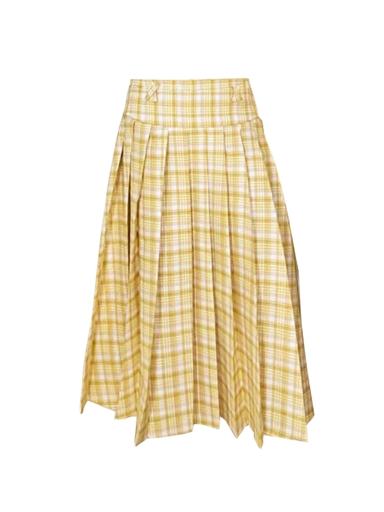 Aiertu  -  Y2k Yellow Checkered Midi Skirt for Women A-line High Waist Pleated Skirt Design Aesthetics Retro Plaid Short Dress Chic Aiertu