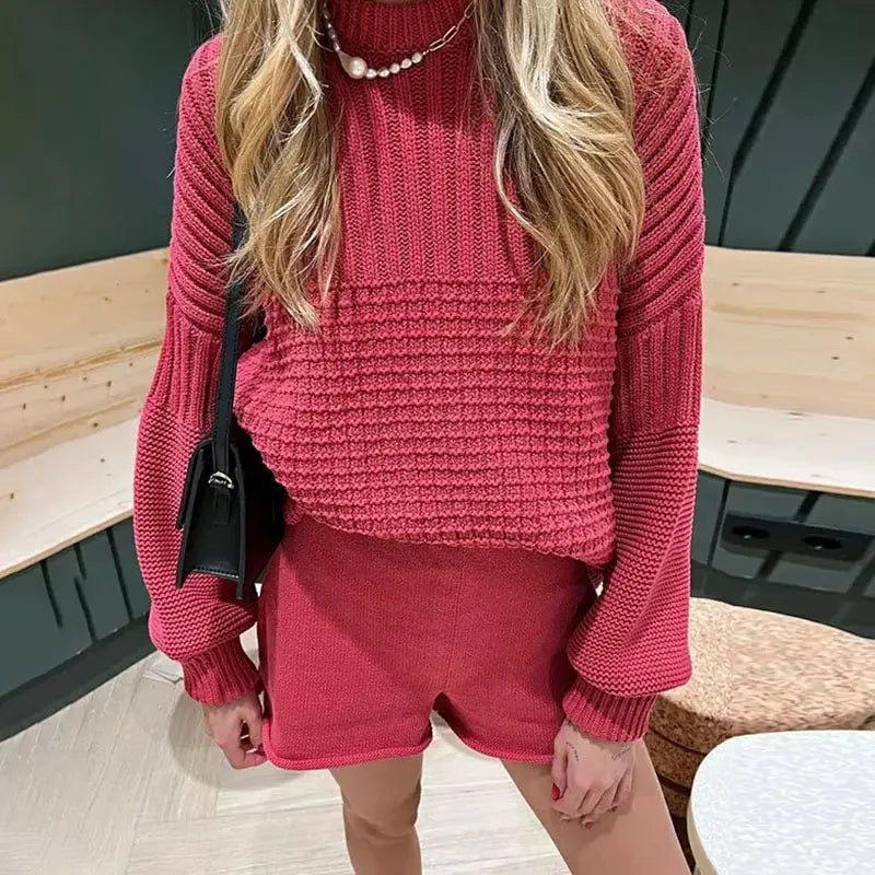 Aiertu  -  Knitted Solid Women Sweater Sets Crochet O Neck Full Sleeves Lady Pullover Set 2024 Autumn Casual Fashion Wide Leg Shorts Suit Aiertu